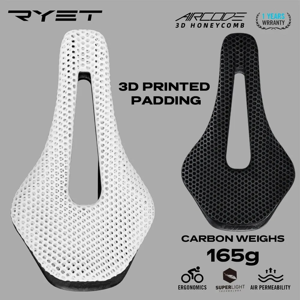 RYET Ultralight Carbon Fiber Bike Saddle | 3D Printed Hollow Design for Comfortable Breathable Cycling - MTB & Road Bicycle Seating Parts