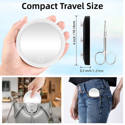 Compact Mirror with Natural LED Light - 4" Rechargeable Magnifying Travel Makeup Mirror, Includes 3 Suction Cups