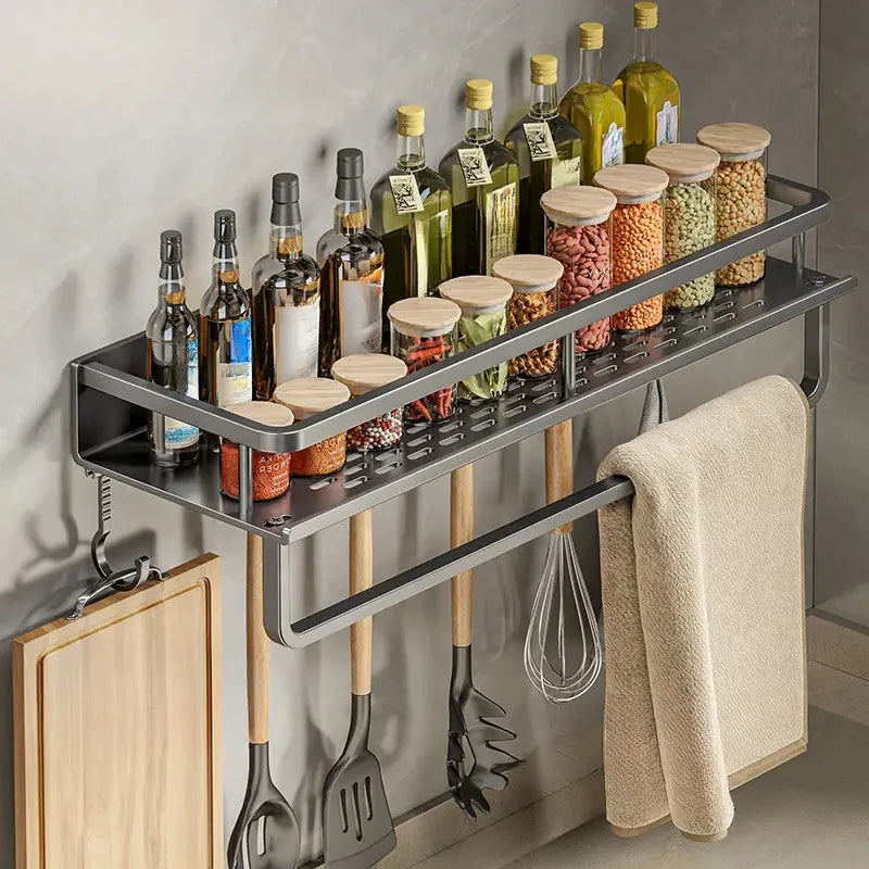 Multifunctional Kitchen Rack – Wall-Mounted Spice Storage and Utensil Hook Rack for Kitchen Organization