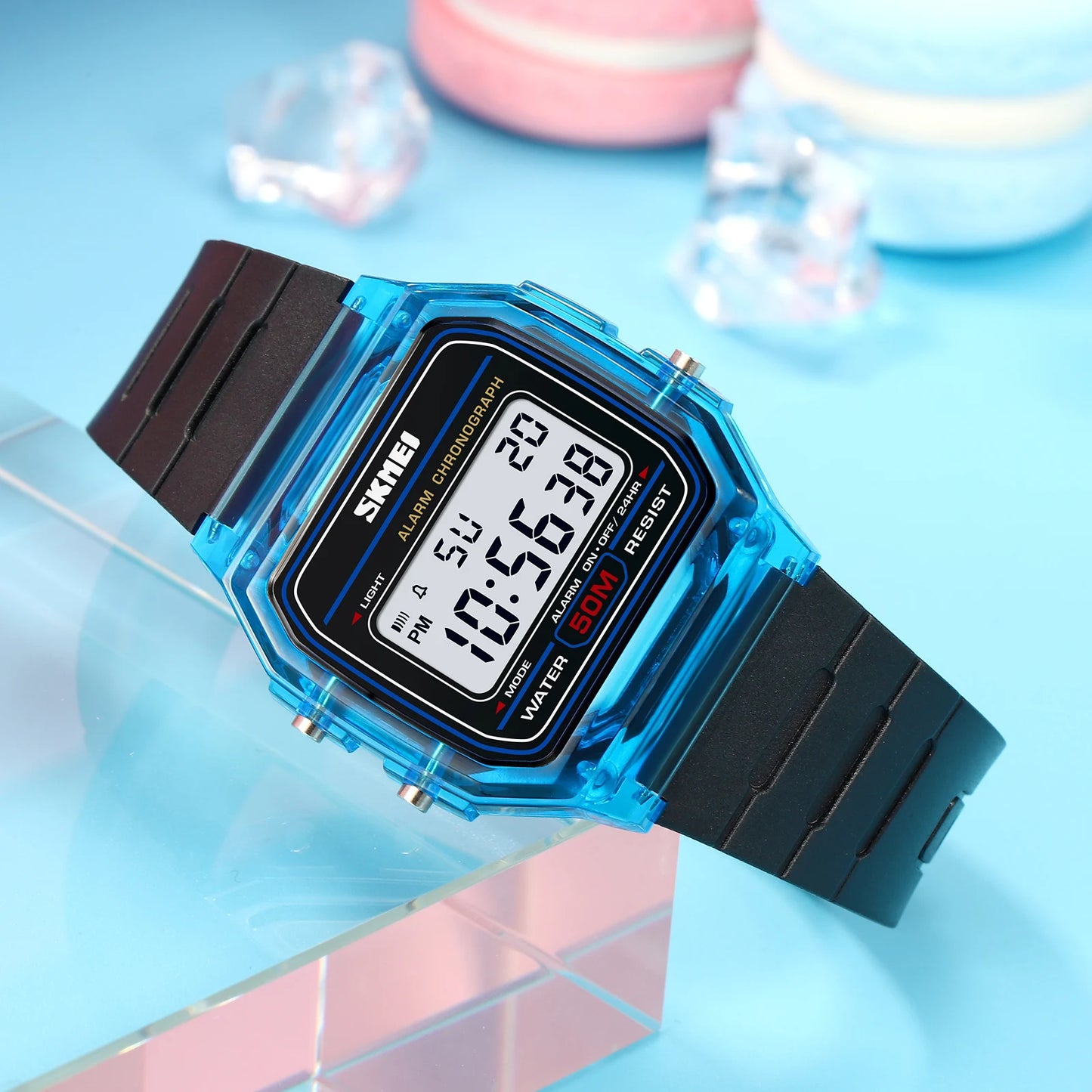 SKMEI 2056 Shockproof Digital Watch – Back Light Display, Stopwatch, Transparent TPU Strap, Women’s Reloj Mujer, Ladies Wristwatch