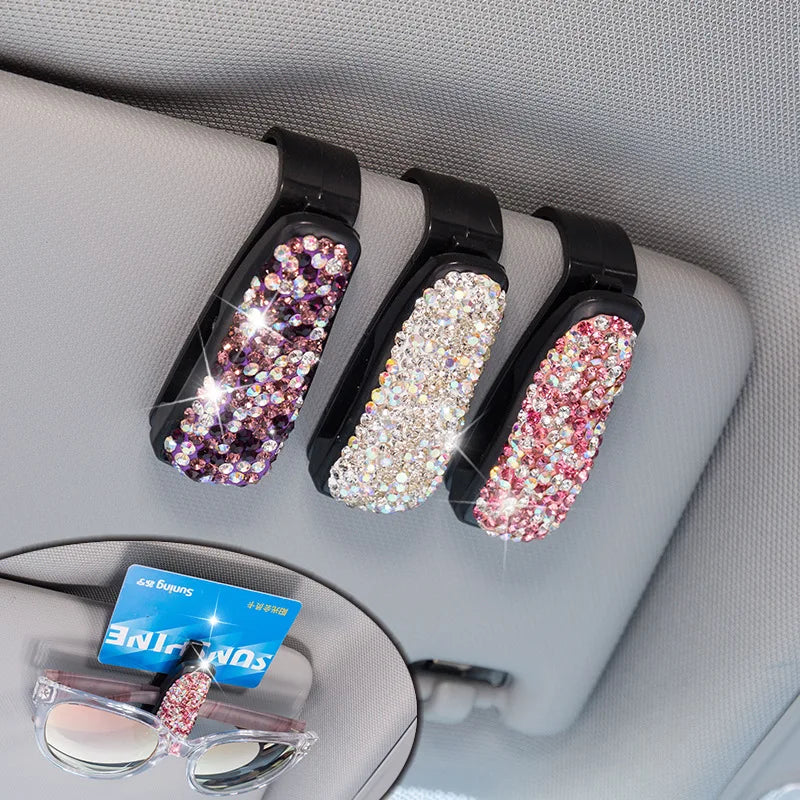 Sun Visor Sunglasses Clip Holder - Rhinestone Car Decoration Accessories, Portable Crystal Bracket Clip