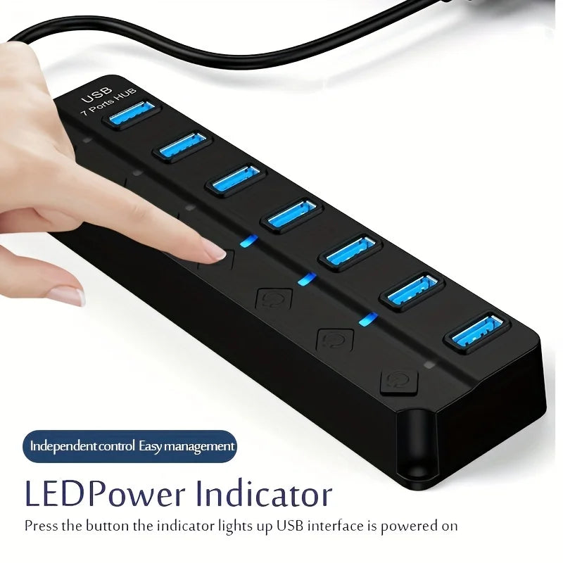 4/7-Port USB 3.0 Hub with LED Indicator - Independent Switch Control for Laptop, Flash Drives, Hard Drives, Printers, Cameras, and Keyboards