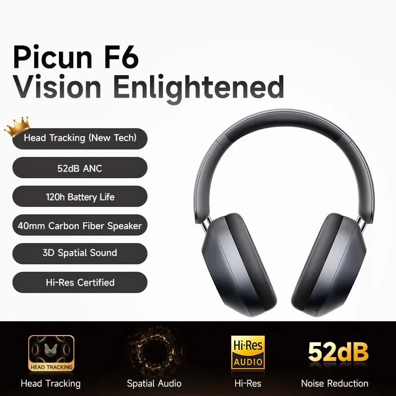 Picun F6 Active Noise Cancelling Wireless Headphones - Head Tracking 3D Audio, 40mm Hi-Res ANC, Bluetooth Headset with HiFi APP Control