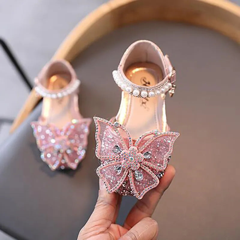 Summer Girls Sandals – Fashion Sequins & Rhinestone Bow Princess Shoes, Flat Heel, Sizes 21-35