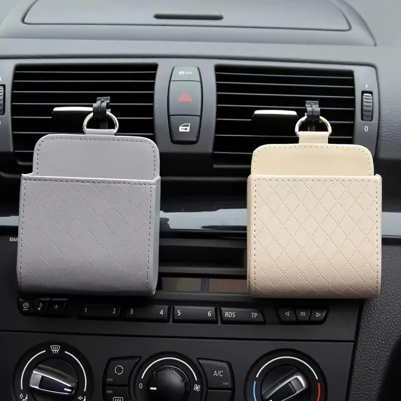 Car Phone Holder Mount: Air Vent Hanging Storage Box with PU Leather Mobile Phone Bag - Glasses Organizer for Convenient In-Car Accessory Support