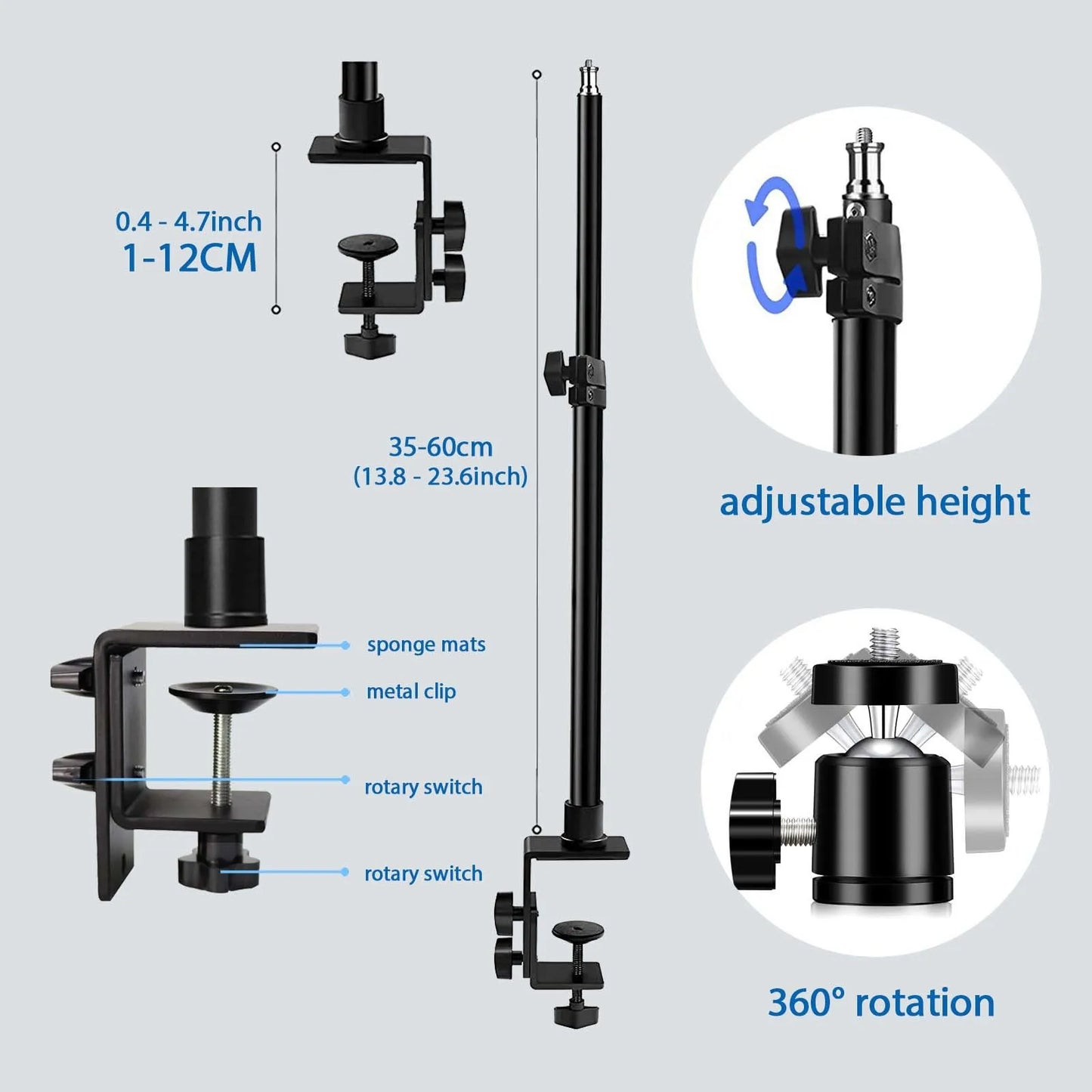 Desk Mount Stand - DSLR Camera C-Clamp Light Stand, Photographic Light Boom Stand with Ball Head for Phone, Video, Ring Light, Zoom