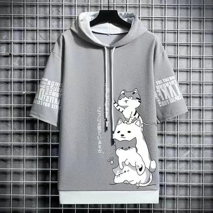 Harajuku Streetwear Hooded Top: Japan Fashion Men's Hoodies - Cartoon Casual Print, Short Sleeve Sweatshirts for Summer Style