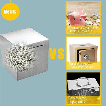 Stainless Steel Piggy Bank - Large-Capacity Coin Box with 'Only In, No Export' Design for Kids' Money Savings