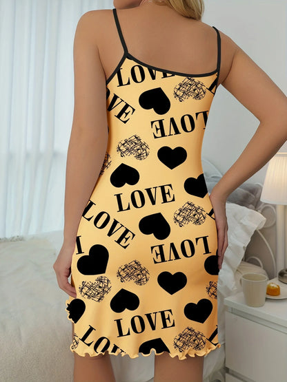 Casual Heart and  Letter Print Nightdress - Lettuce Trim Sexy Slip Short Nightdress, Women's Sleepwear and Dresses