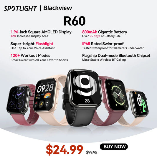 Blackview Smartwatch R60 – 1.96'' AMOLED Display, 800mAh Battery, Bluetooth Phone Calls, Health & Fitness Tracking – [World Premiere]