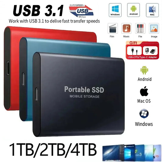 Portable SSD External Hard Drive: High-Speed 1TB/2TB USB 3.1 Type-C Solid State Drive for Laptop Mass Storage