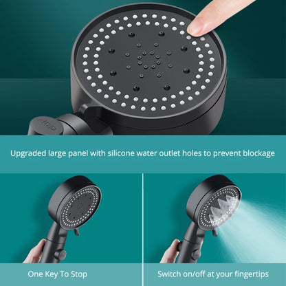 5 Mode Adjustable High Pressure Shower Head – One-Key Stop Water Massage, Water-Saving Black Bathroom Accessory