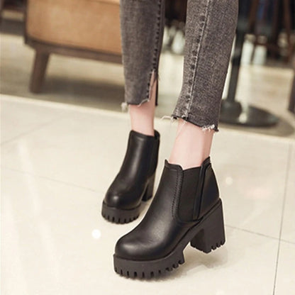 2024 New Autumn Winter Women's Boots - Fashionable Comfortable Round Toe High Heels with Thick Heel - Casual Solid Color