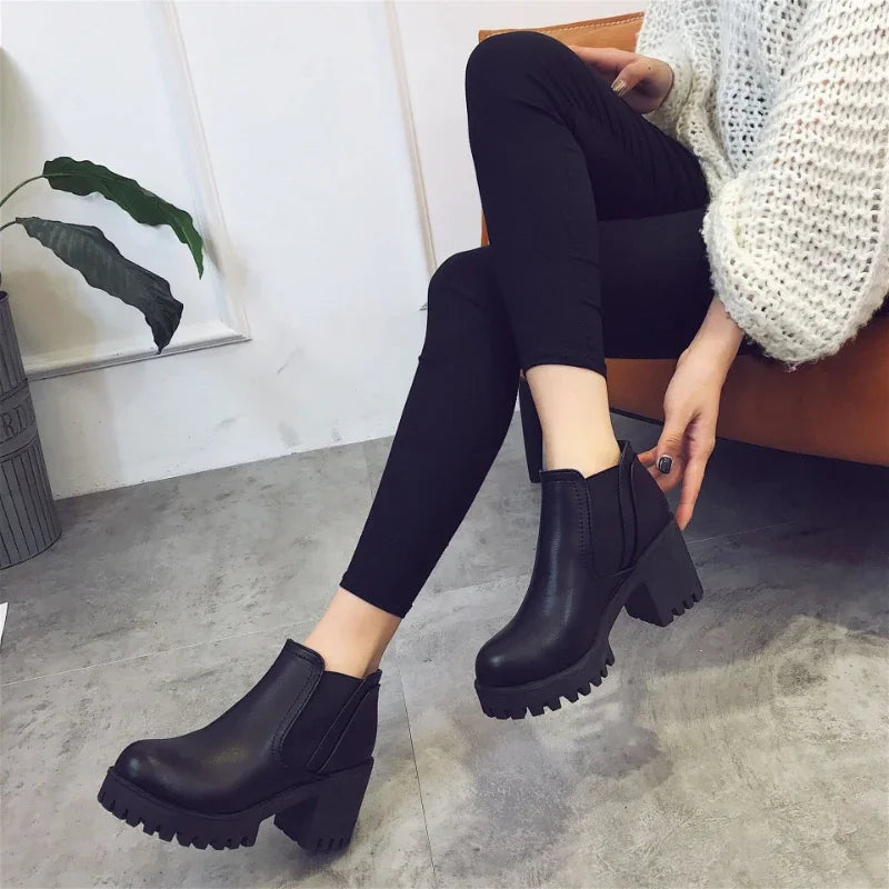 2024 New Autumn Winter Women's Boots - Fashionable Comfortable Round Toe High Heels with Thick Heel - Casual Solid Color