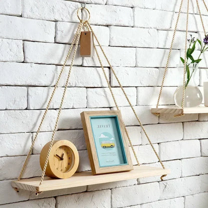 Wooden Rope Swing Wall Hanging Plant Pot Tray – Nordic Floating Shelves for Simple Home Decoration