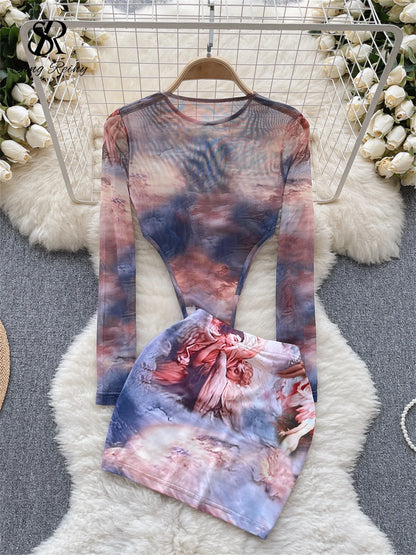 SINGREINY Fashion Hotsweet Two-Piece Suit - O Neck Long Sleeved Transparent Bodysuit Top + Skinny Mini Skirt, Tie Dye Print Sets