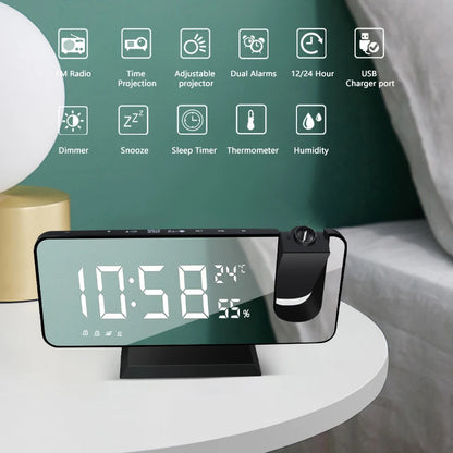 LED Digital Alarm Clock – USB Charging, FM Radio, Time Projector, Snooze Function, and Dual Alarms for Desktop