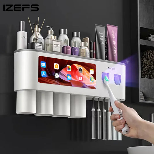 Wall-Mounted Toothbrush Holder with Dispenser: Punch-Free Bathroom Storage for Home - Waterproof Bathroom Accessories