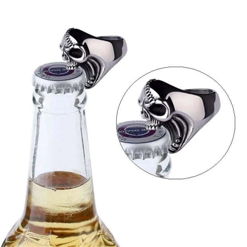 Portable Mini Ring Beer Bottle Opener: Stainless Steel Finger Ring Cap Remover - Skull Punk Design for Kitchen and Bar