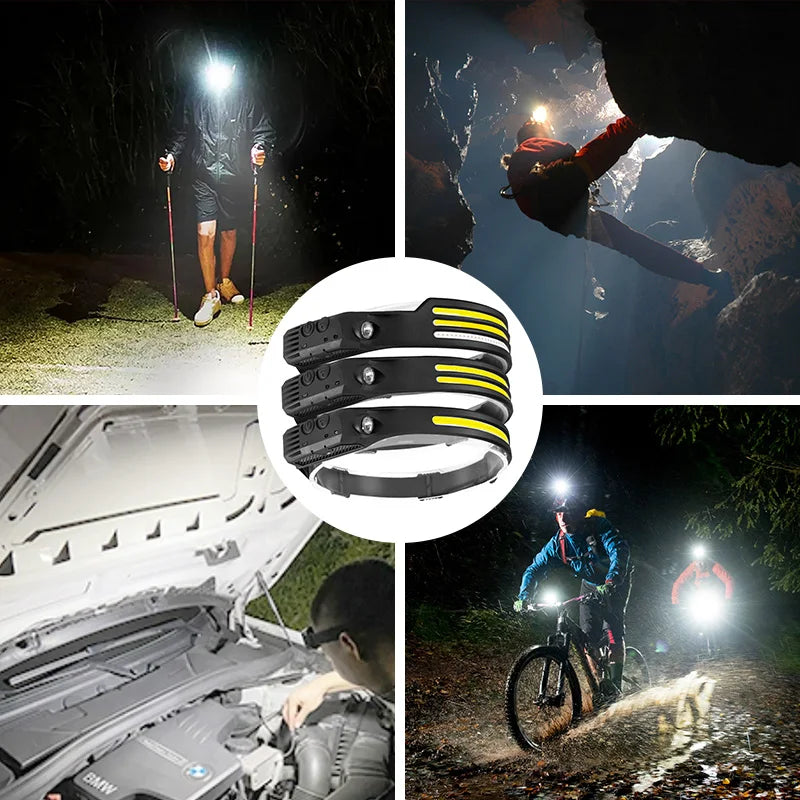 Induction Headlamp COB LED Sensor Head Lamp - USB Rechargeable Flashlight with Built-in Battery - 5 Lighting Modes Head Torch for Versatile Headlight Use