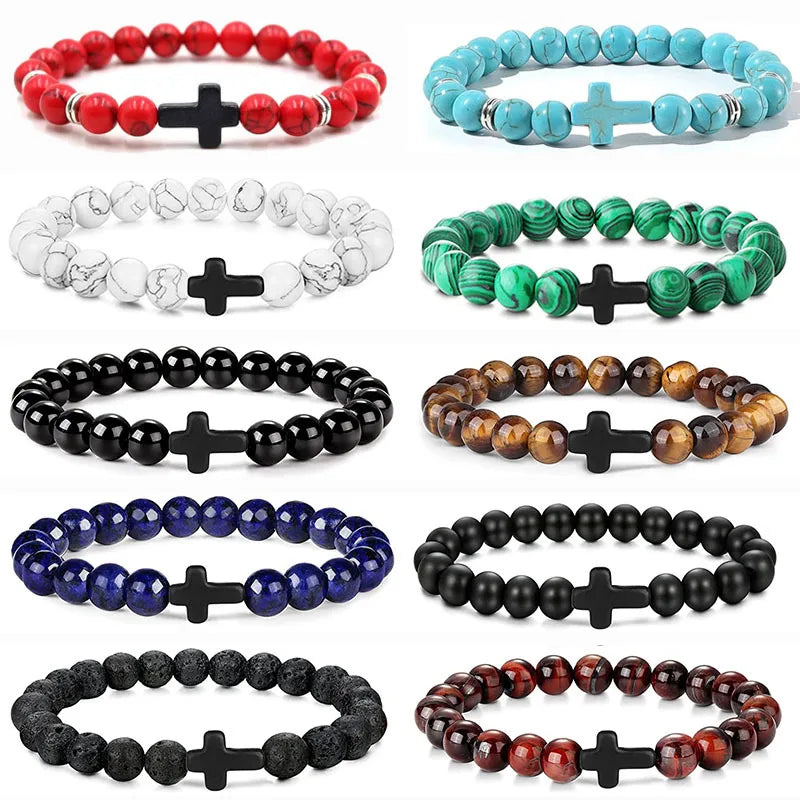 Natural Stone and Wood Beads Prayer Rosary Bracelet - Hematite Cross Onyx Meditation Jewelry for Men and Women