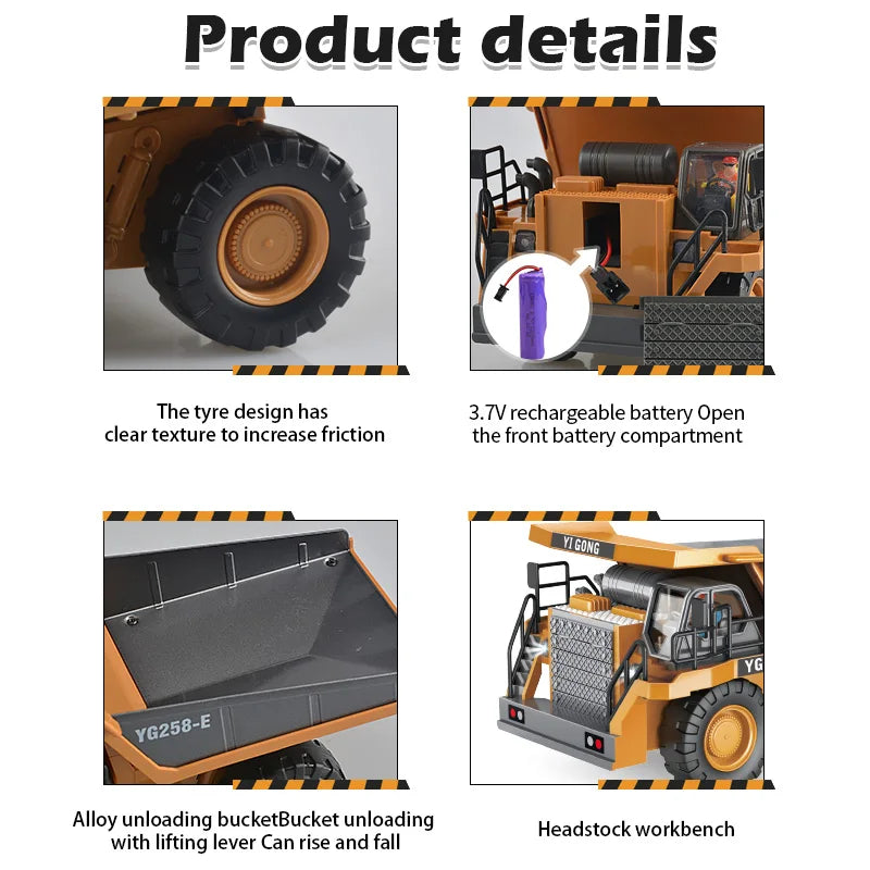 1:24 Scale 9CH RC Alloy Dump Truck - Remote Control Engineering Vehicle, Heavy Excavator and Forklift Toy for Boys