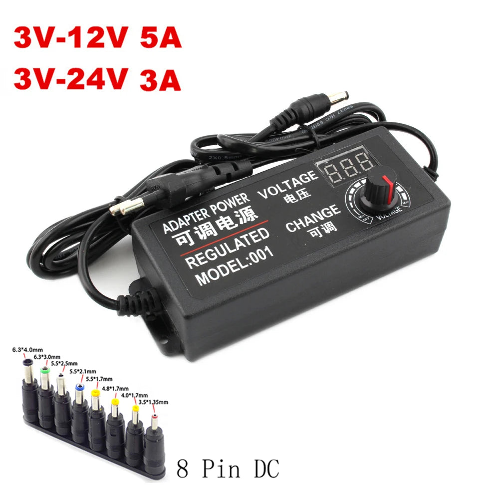 Adjustable AC to DC Power Supply - Universal 8 Pin Adapter (3V to 24V, 3A to 5A) | 48W, 60W, 72W