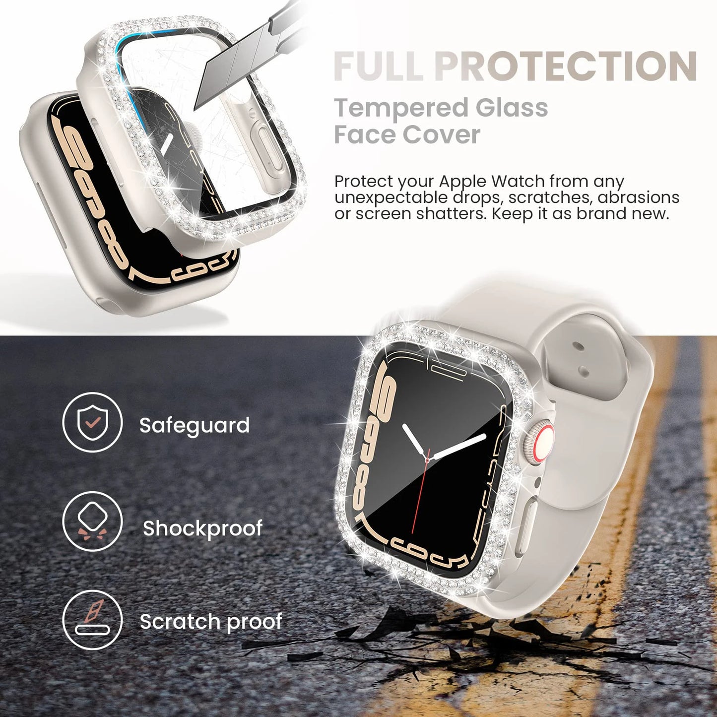 Glass and Diamond Apple Watch Case | Bling Bumper Protector for 38mm, 40mm, 41mm, 42mm, 44mm, 45mm | iWatch Series 3-9 and SE