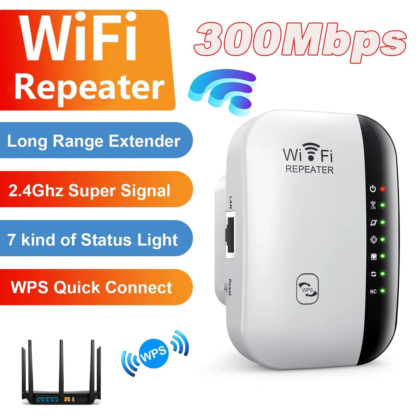 300Mbps Wireless WiFi Repeater: Extender Amplifier Booster Router with Long Range and 7 Status Lights for PC - 802.11N WPS