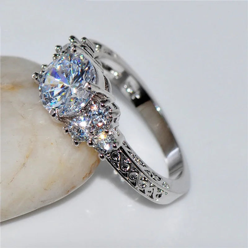 Exquisite Silver Color Engagement Ring for Women - White Zircon Stone Bridal and Anniversary Jewelry