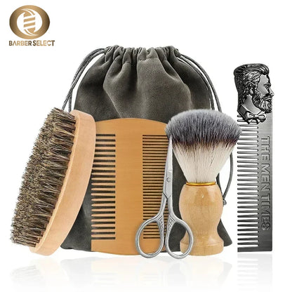 Boar Bristle Wood Beard Brush Kit - Professional Soft Hairdresser Shaving Brush, Comb Set with Gift Bag for Men’s Mustache and Beard Care