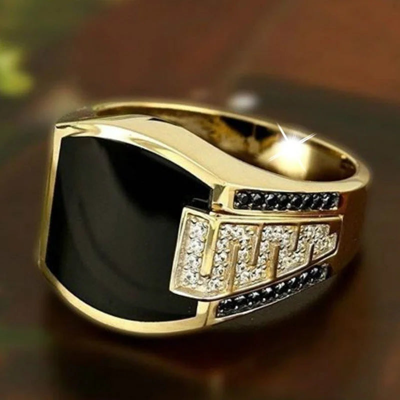 Classic Men's Gold Color Ring with Black Stone Zircon Inlay - Fashion Metal Punk Ring for Engagement and Wedding