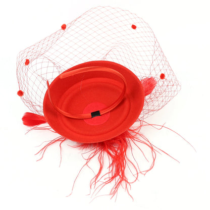 Women's Felt Fascinator Hat with Fishnet Veil - Small Plush Wave Point Decor Hair Clips, Wedding Bridal Cocktail Headwear