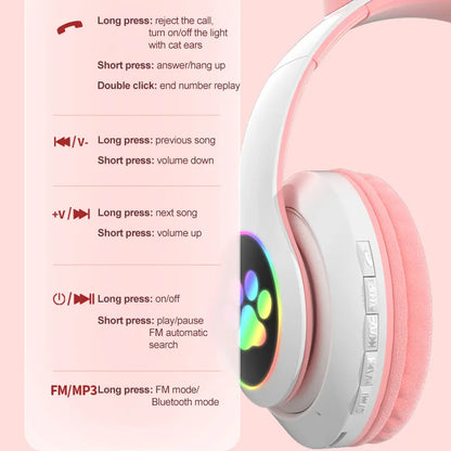 Cute Cat Ears Headphone Bluetooth 5.0 Stereo with Mic - Wireless Kids Girl Earphone with Flash Lamp, TF Card Support - Perfect Birthday Gift