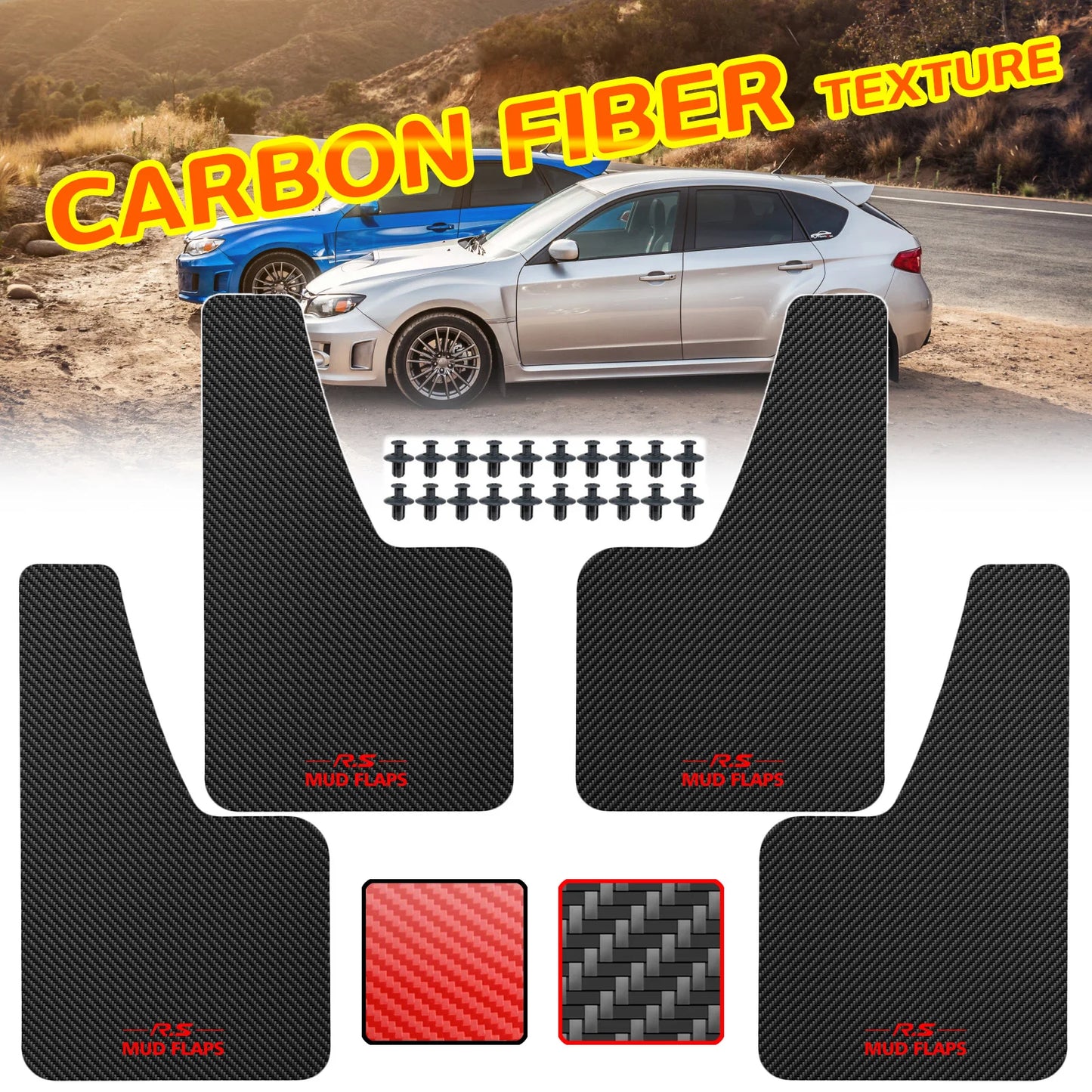 Carbon Fiber Effect Splash Guards Mud Flaps: Universal Front Rear RED Car Mudguards Fender Cover Flares with Hardware Accessories