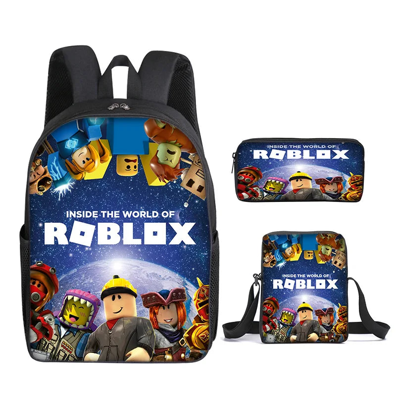 3 Piece 3D Printing Roblox Game Backpack Set – Satchel, Pen Bag, Anime Cartoon Mochila – Ideal for Primary and Secondary School Students