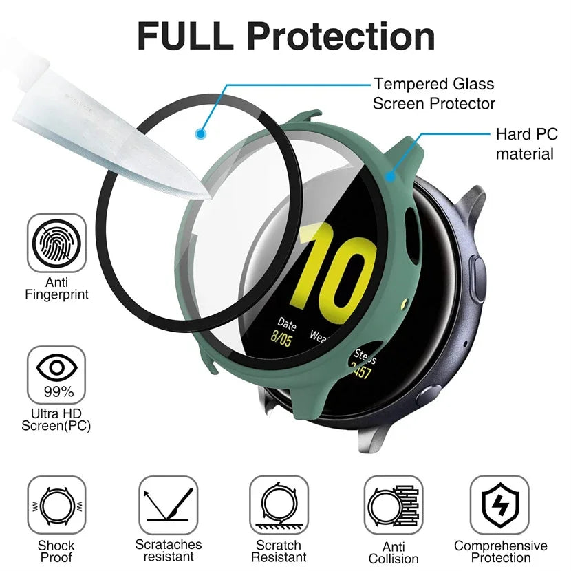 Full Coverage Tempered Glass + Bumper Case for Samsung Galaxy Watch Active 2 (44mm/40mm) – Protective Cover & Screen Protector