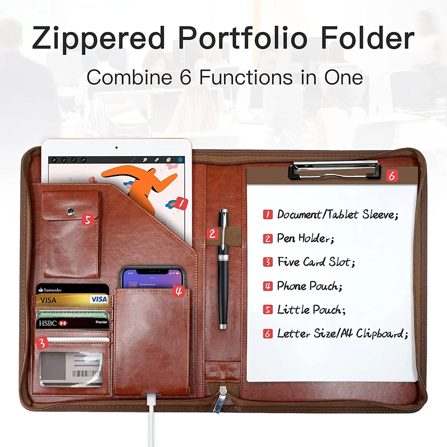 Multifunctional A4 Leather Conference Folder | Business Stationery Organizer | Zippered Contract File Folders with Card Holder