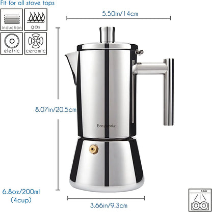 Diego Stainless Steel Stovetop Espresso Maker - 4 Cup Italian Coffee Machine (6.8 oz) - Induction Moka Pot by Easyworkz