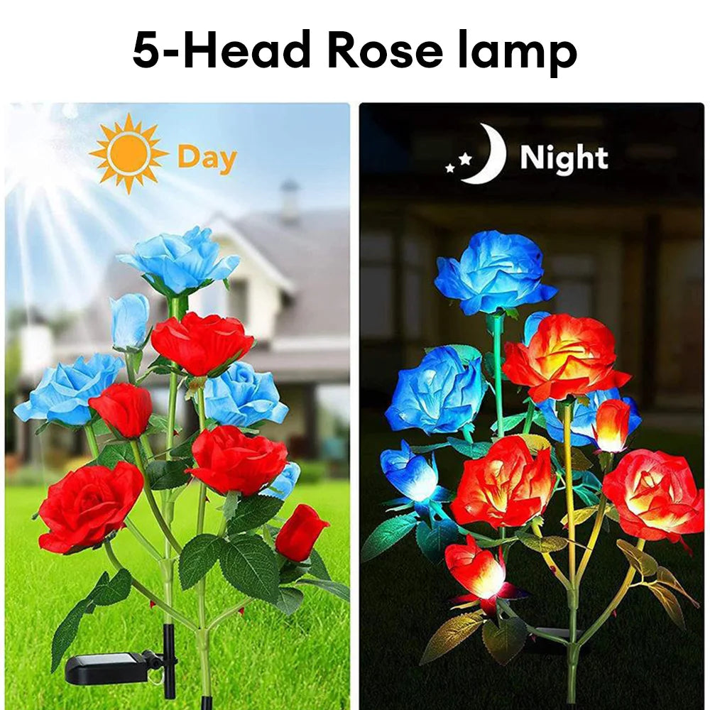 5 Heads Solar Lights Outdoor Decorative - Rose Flower Lawn Lamp for Yard, Patio, Garden Decoration