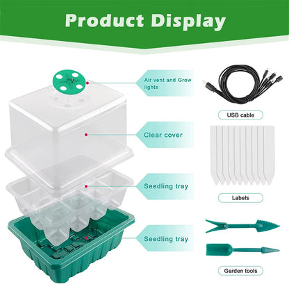 Full Spectrum LED Grow Light with Seedling Tray - Plant Seed Starter Trays for Home Greenhouse, Growing Lamp with Hole, 12 Cells Per Tray