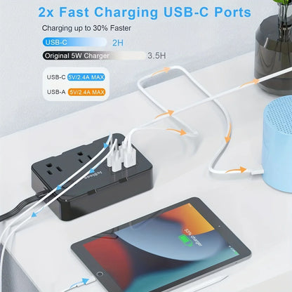 Ultra Thin Flat Plug Extension Cord - 5ft Surge Protector Power Strip with 4 USB Ports (2 USB C) - 6 Widely Spaced Outlets Extender