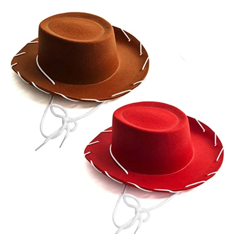 Children's Brown and Red Felt Cowboy Hat - Adjustable Western Big Brimmed Woody Hat