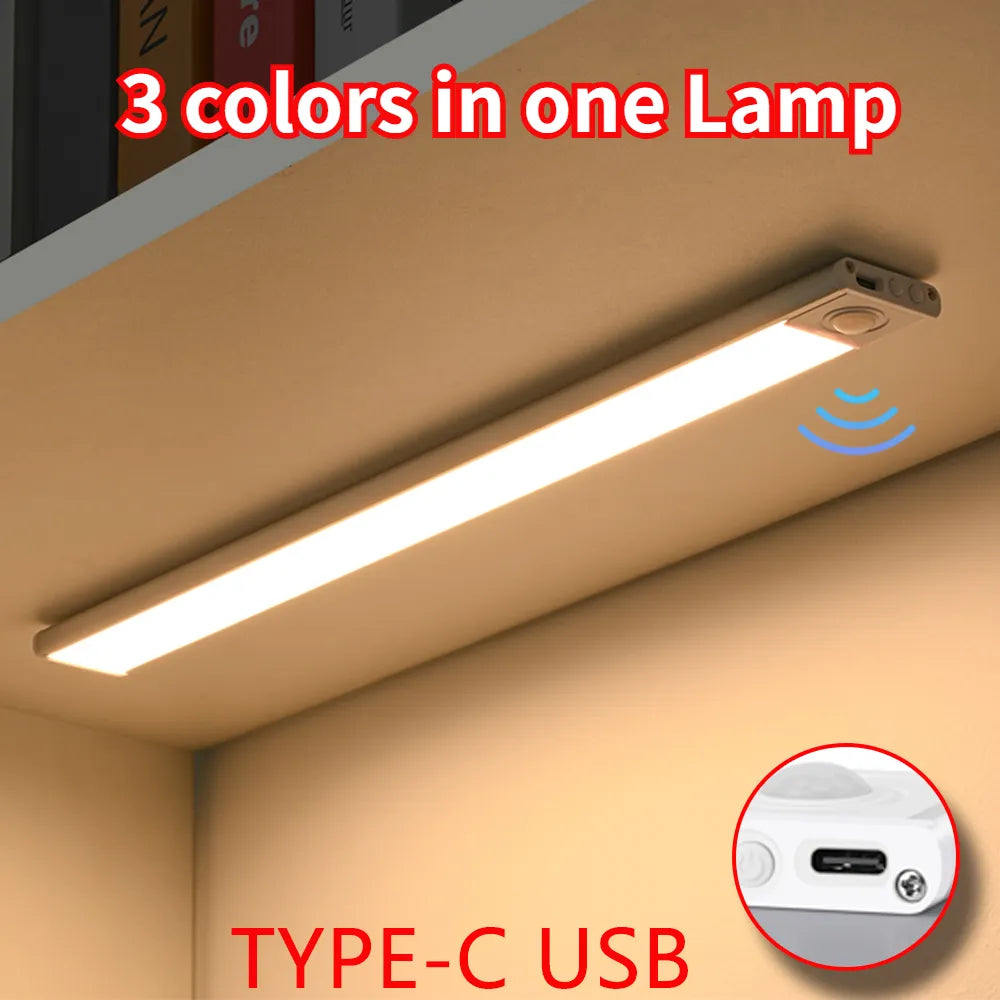 Convenient Motion Sensor Night Light with TYPE-C USB - LED Lamp for Kitchen Cabinet, Bedroom, Wardrobe - Three Colors in One for Indoor Lighting