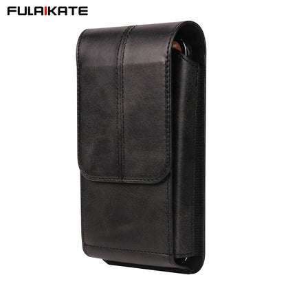 FULAIKATE Crazy Horse Leather Vertical Waist Phone Bag - Fits iPhone 15 Pro Max, Samsung S24 Ultra, 6.1-7.2 Inches