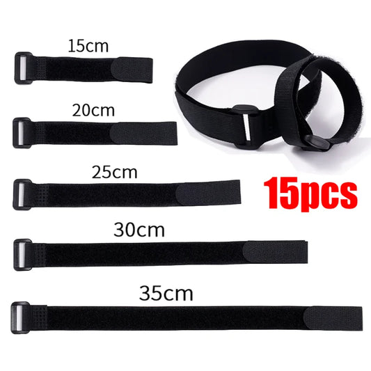 15PCS Self-Adhesive Cable Ties – 2cm Width Nylon Fastener Tapes with Reverse Buckle, Hook and Loop Straps