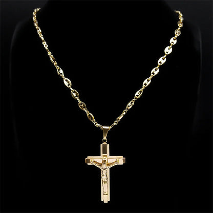 Jesus Cross Crucifix Pendant Necklace - Gold Stainless Steel Christian Coffee Bean Chain for Men, Croix Chrétienne