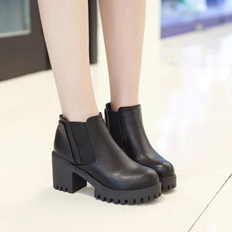 2024 New Autumn Winter Women's Boots - Fashionable Comfortable Round Toe High Heels with Thick Heel - Casual Solid Color