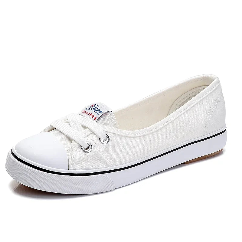 Women's White Canvas Summer Sneakers – Small Shallow Cut, Sporty Flat Casual Shoes, Soft Platform Sneakers