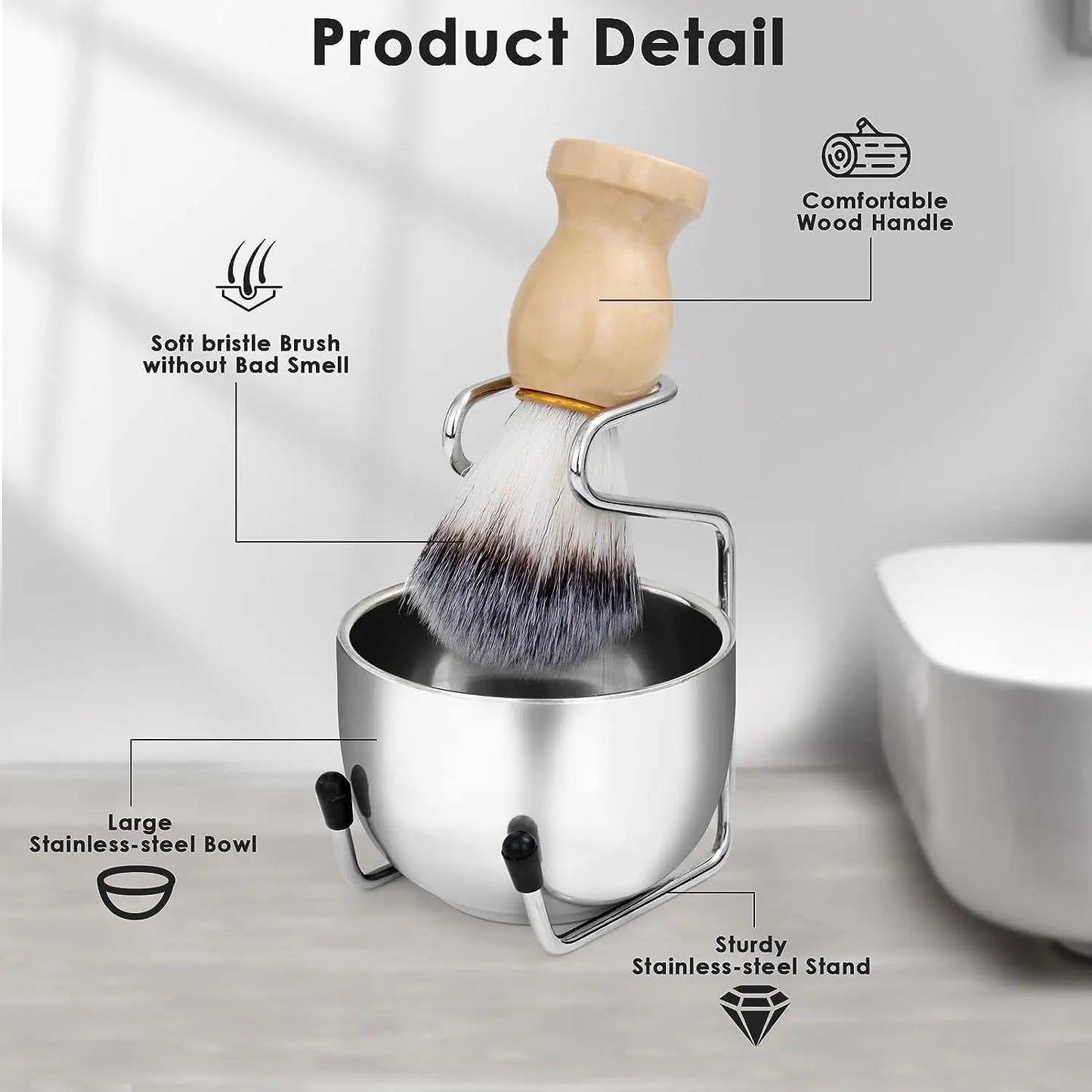 Men's Shaving Brush and Bowl Set – 3 in 1 Wood Handle Shaving Brush Kit with Stainless Steel Bowl and Brush Stand